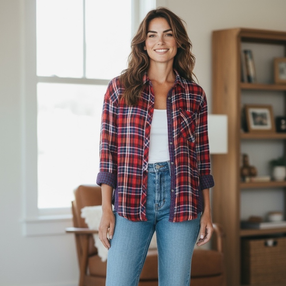 Gorgeous Boho Free People Red and Blue Plaid Button-Up Flannel Shirt - Small